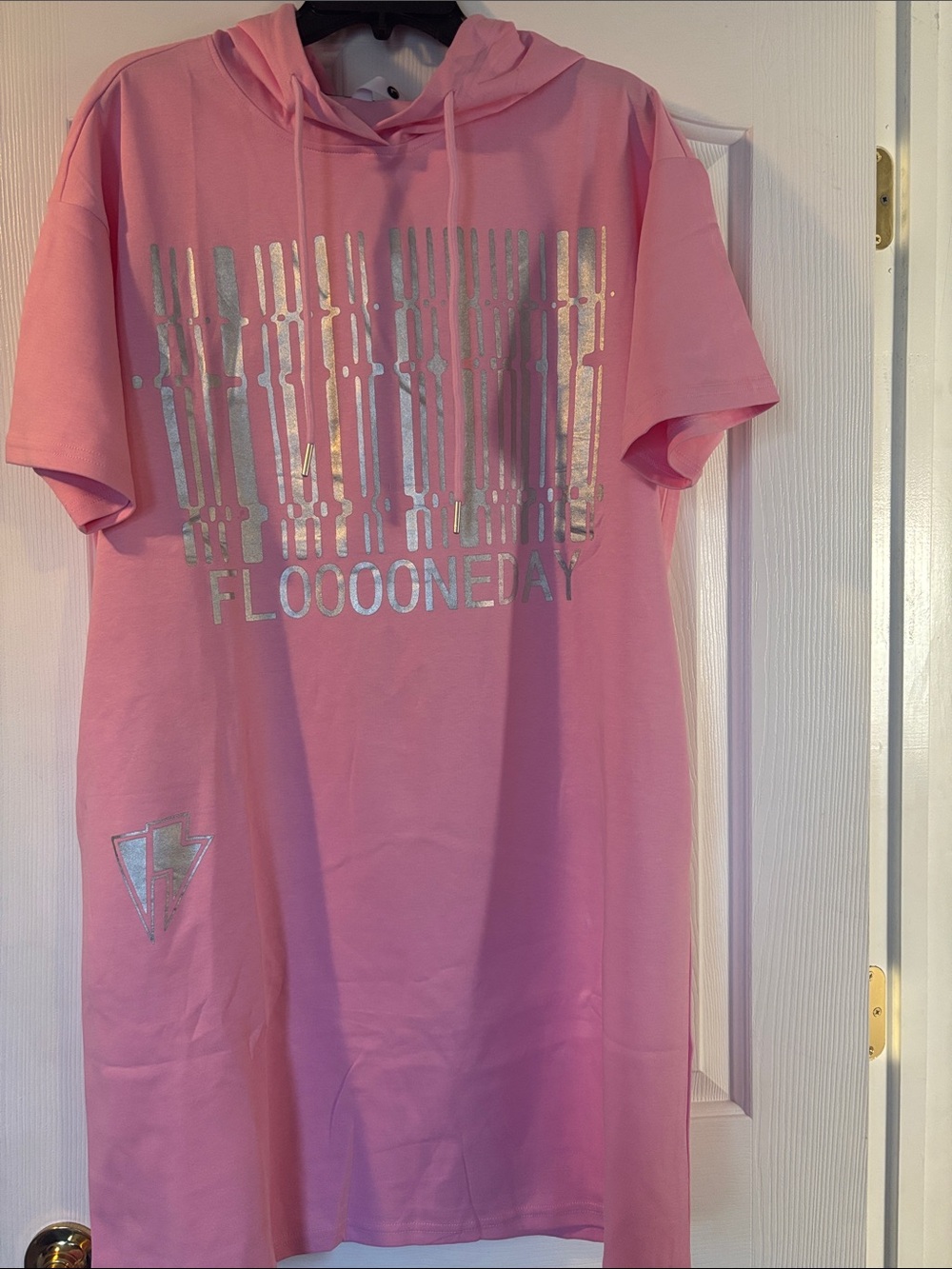 Pink Hooded Graphic Mini Dress with Silver Foil